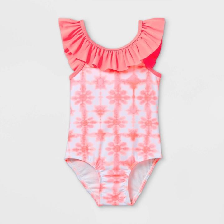 Toddler Girls' Tie-dye Scalloped Ruffle One Piece Swimsuit - Cat & Jack Coral