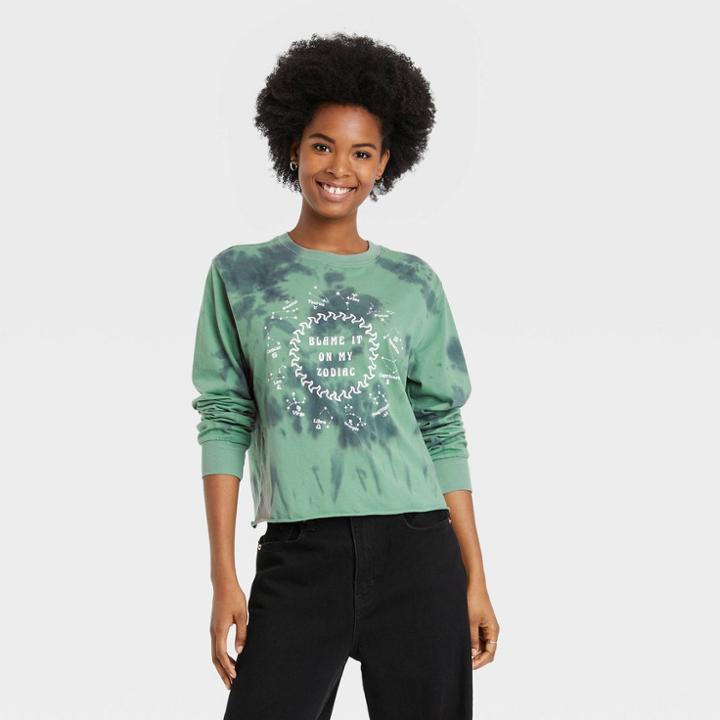 Mighty Fine Women's Blame It On My Zodiac Long Sleeve Graphic T-shirt - Green Tie-dye