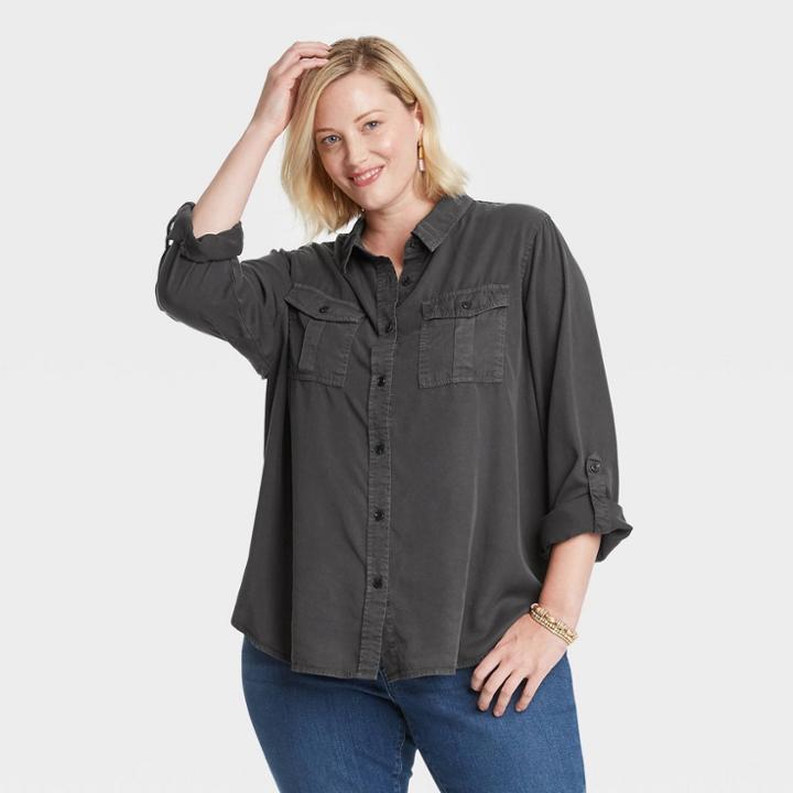 Women's Plus Size Long Sleeve Button-down Utility Shirt - Knox Rose Gray