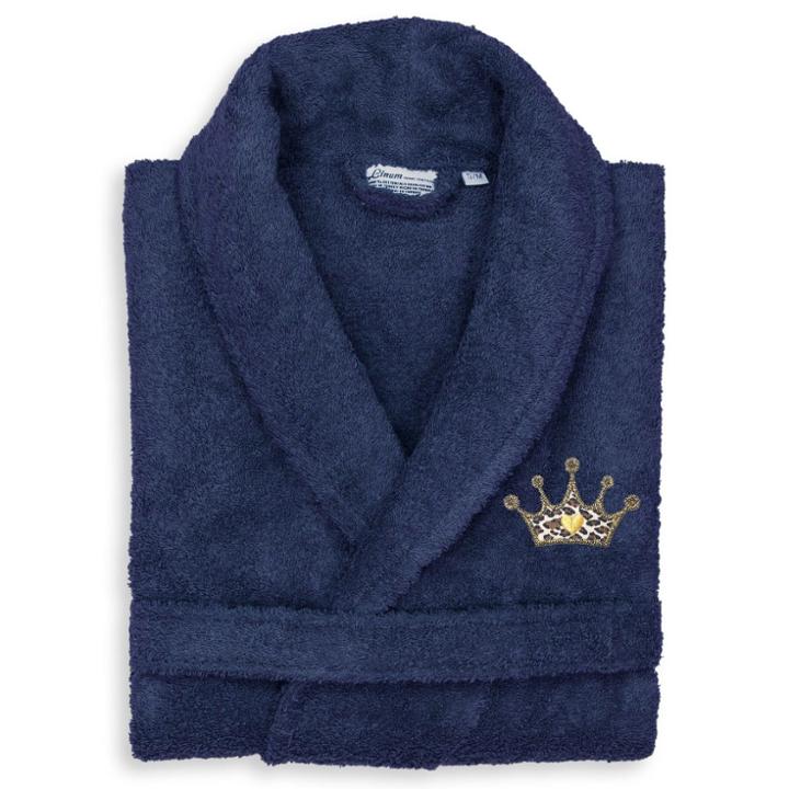 S/m Terry Bathrobe With Cheetah Crown Embroidery Navy - Linum Home Textiles, Blue