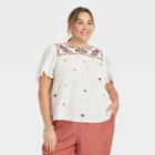 Women's Plus Size Flutter Short Sleeve Embroidered Top - Knox Rose White