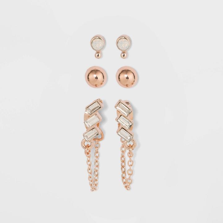 Zinc Alloy Stud Earring Set 3pc - A New Day Rose Gold, Women's, Clear