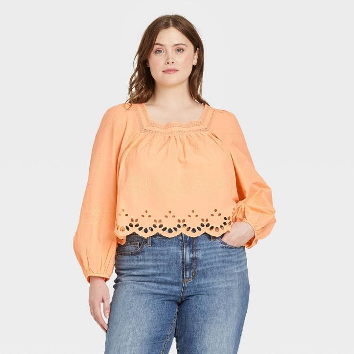 Women's Plus Size Balloon Long Sleeve Eyelet Blouse - Universal Thread Light Orange