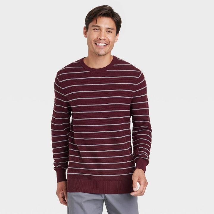 Men's Striped Crew Neck Pullover - Goodfellow & Co Pomegranate