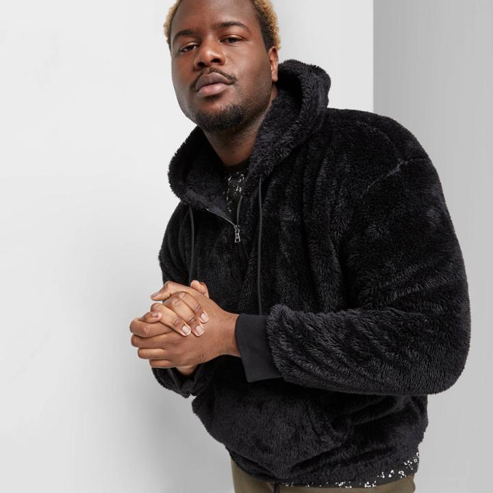 Men's Tall Loose Fit 1/4 Zip Hooded Sherpa Pullover - Original Use Black