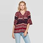 Women's Printed Ruffle Elbow Sleeve V-neck Button Detail Blouse - Knox Rose Red