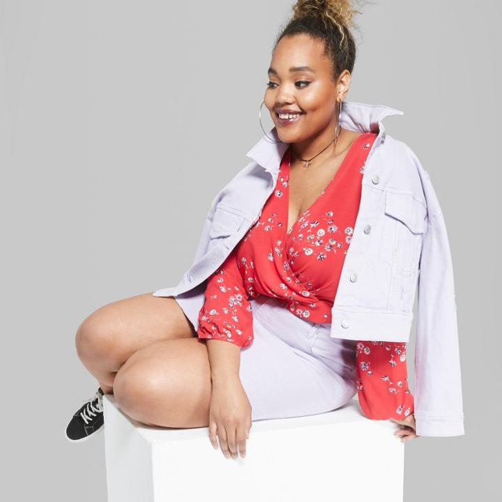Women's Plus Size Floral Print Long Sleeve Wrap Front Crop Top - Wild Fable Red