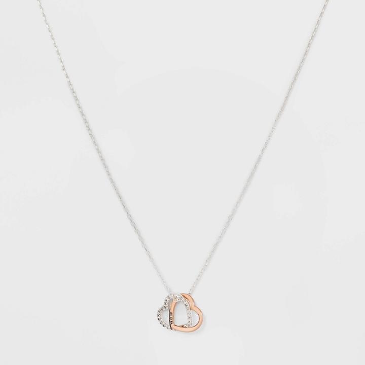 No Brand Silver Plated Cubic Zirconia 'mom' Double Heart Two-tone Metal Pendant Necklace - Rose Gold