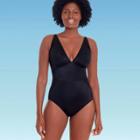 Women's Slimming Control Mesh V-neck One Piece Swimsuit - Dreamsuit By Miracle Brands Black