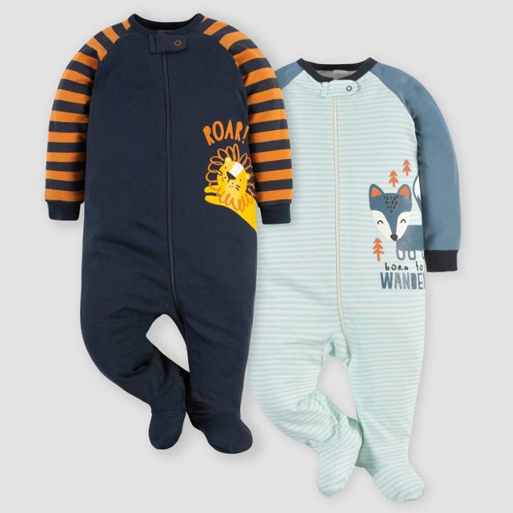 Gerber Baby Boys' 2pk Fox/lion Sleep N' Play - Orange/gray/blue Newborn