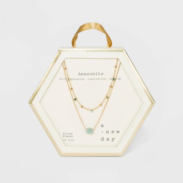 Gold Plated Amazonite Healing Stone Station Duo Necklace - A New Day Light Green, Women's,