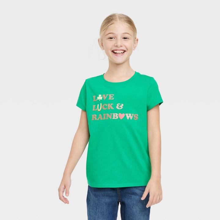 Girls' Short Sleeve 'love Luck & Rainbows' St. Patrick's Day Graphic T-shirt - Cat & Jack Bright Green