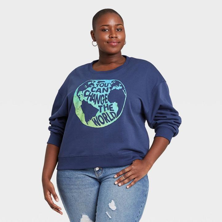 Modern Lux Women's Plus Size You Can Change The World Graphic Sweatshirt - Blue