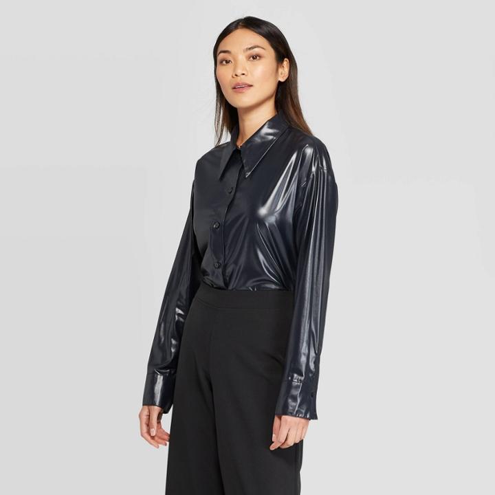 Women's Exaggerated Long Sleeve Collared Button-up T-shirt - Prologue Black