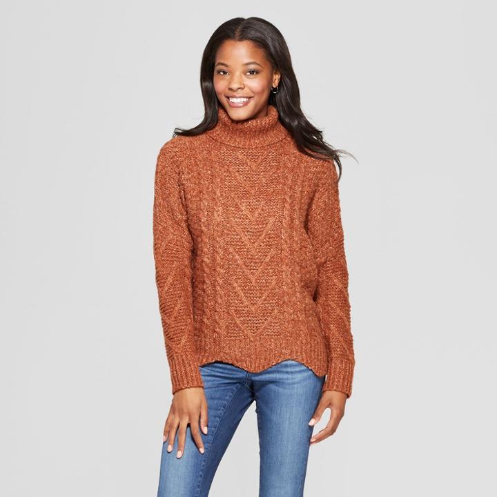 Women's Long Sleeve Cropped Turtleneck With Zig Zag Edge - Cliche Red