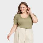 Women's Plus Size Puff Short Sleeve V-neck Top - A New Day Olive Green