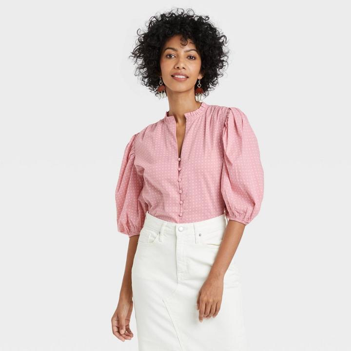 Women's Puff Short Sleeve Button-up Blouse - A New Day Pink Polka Dot