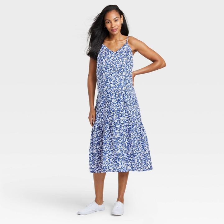 The Nines By Hatch Sleeveless Tiered Slip Maternity Dress Blue Floral Print