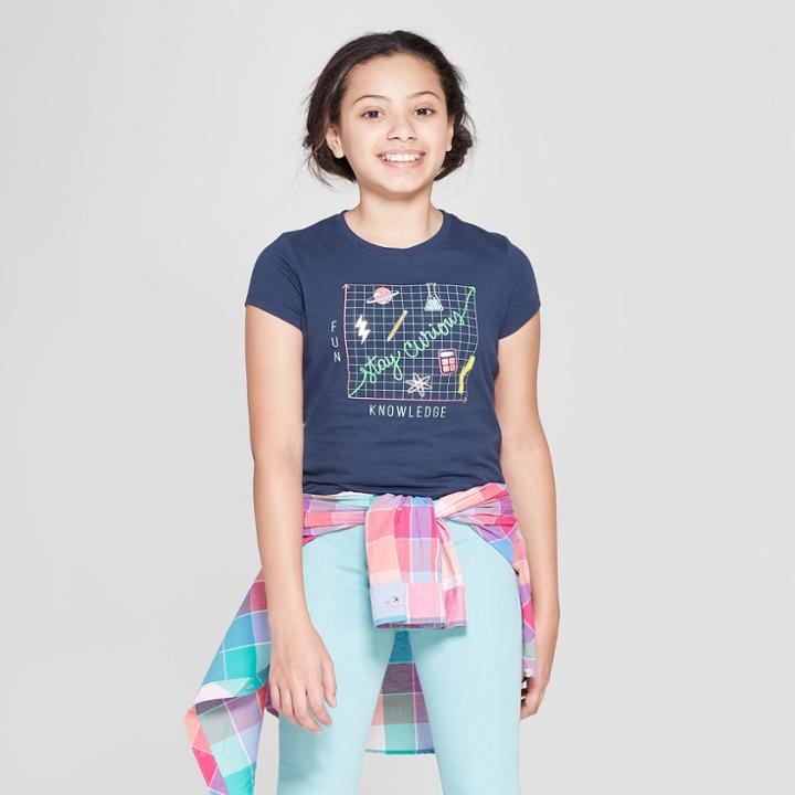 Girls' Short Sleeve Stay Curious Printed Graphic T-shirt - Cat & Jack Navy