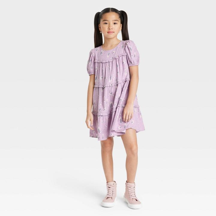Girls' Short Sleeve Woven Dress - Cat & Jack Dusty Violet Xs, Dusty Purple