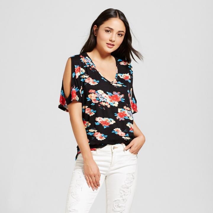 Women's Floral Cold Shoulder Flutter Sleeve Top - Alison Andrews Black Floral