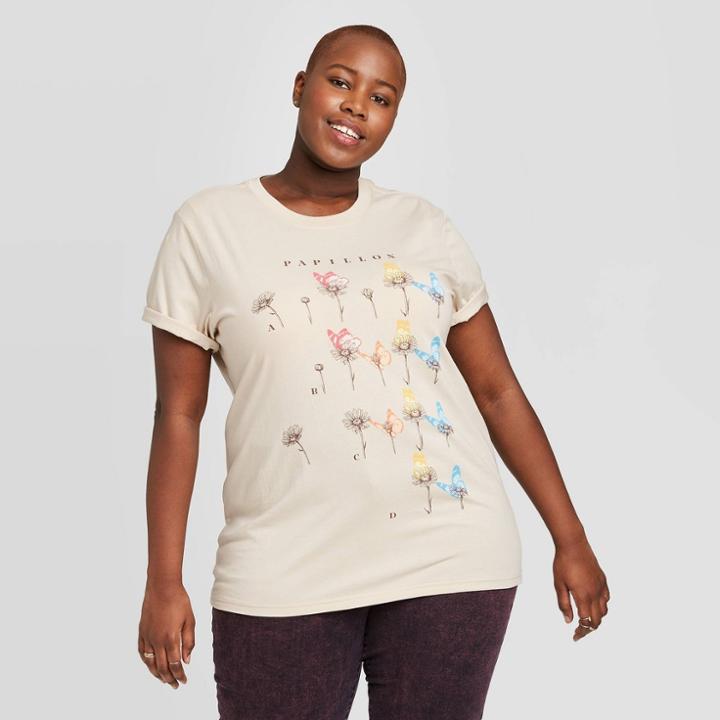 Women's Plus Size Papillon Butterfly Boyfriend Short Sleeve Graphic T-shirt - Mighty Fine (juniors') - Tan 1x, Women's, Size:
