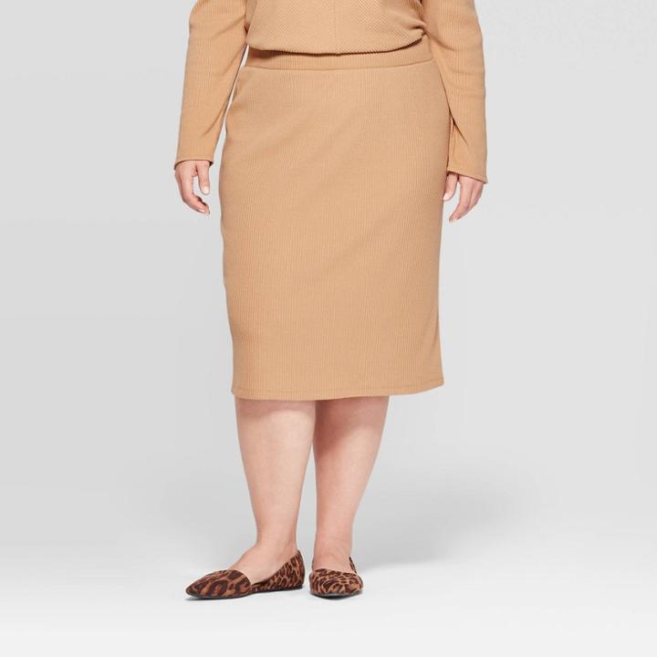 Women's Plus Size Rib Knit Midi Skirt - Ava & Viv Tan X, Women's