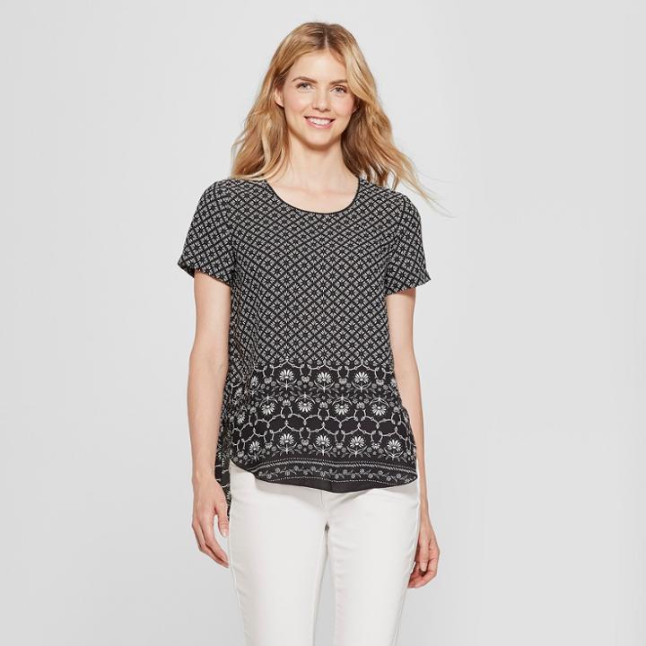 Women's Floral Print Short Sleeve Woven T-shirt - Spenser Jeremy - Black