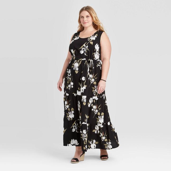 Women's Plus Size Floral Print Sleeveless Tiered Maxi Dress - Ava & Viv Black X, Women's,