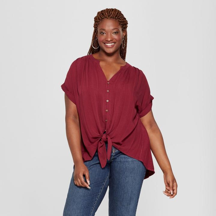 Women's Plus Size Tie Front Short Sleeve Blouse - Universal Thread Red