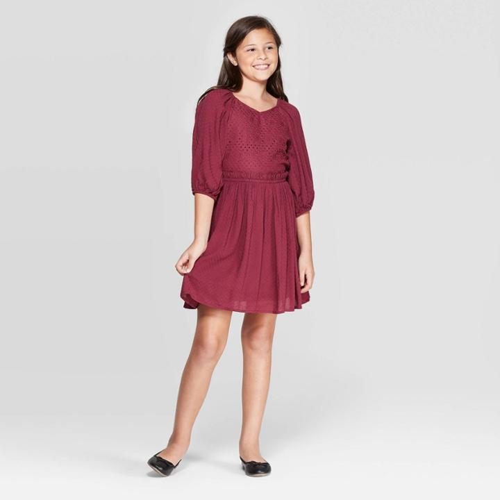 Girls' Bubble Sleeve Babydoll Dress - Art Class Red