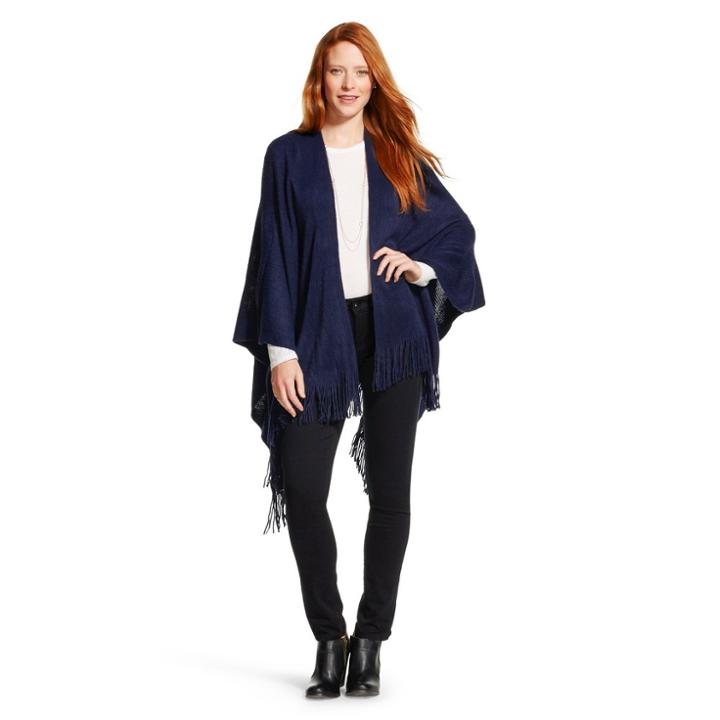 Women's Wrap Shawl With Fringe Navy (blue) - Sylvia Alexander