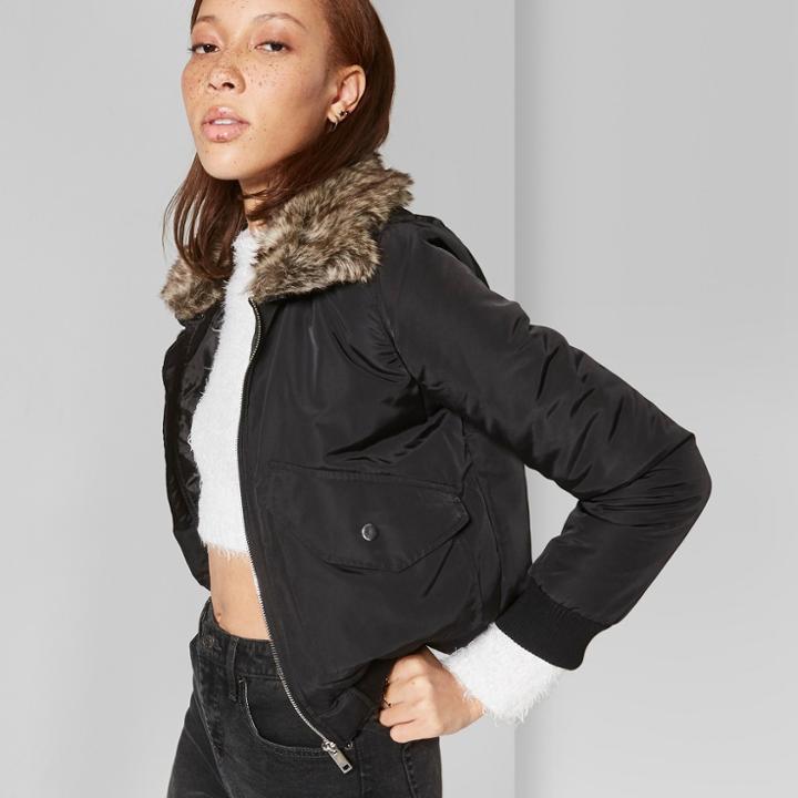 Women's Removable Faux Fur Collar Bomber Jacket - Wild Fable Black