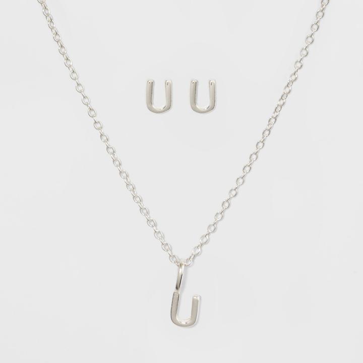 Sterling Silver Initial U Earrings And Necklace Set - A New Day Silver, Girl's,