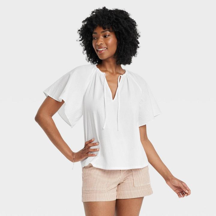 Women's Flounce Short Sleeve V-neck Popover Top - A New Day White