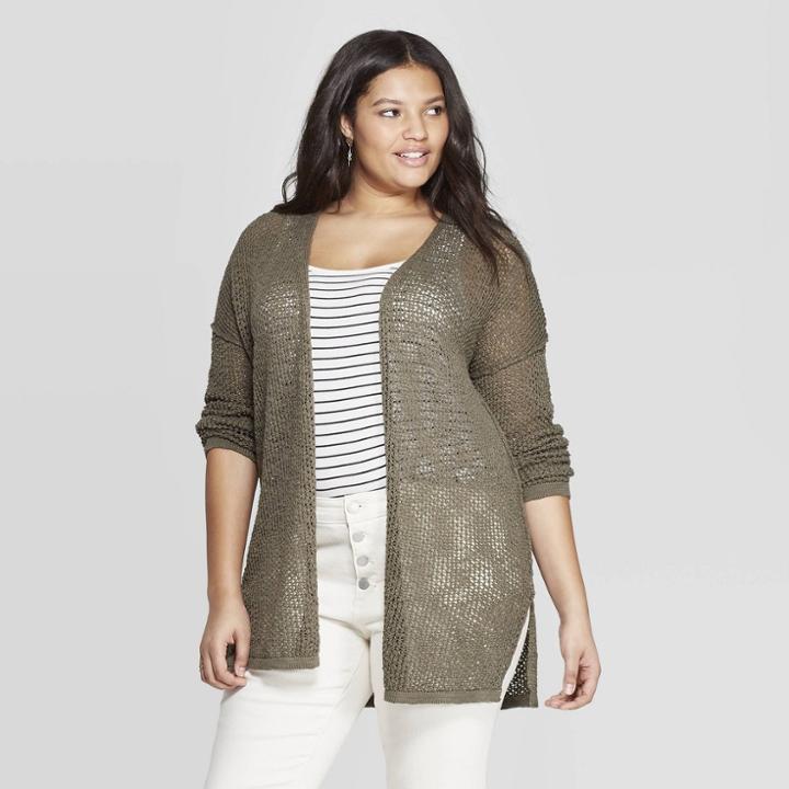 Women's Plus Size Long Sleeve Open Layered Cardigan - Universal Thread Olive (green)