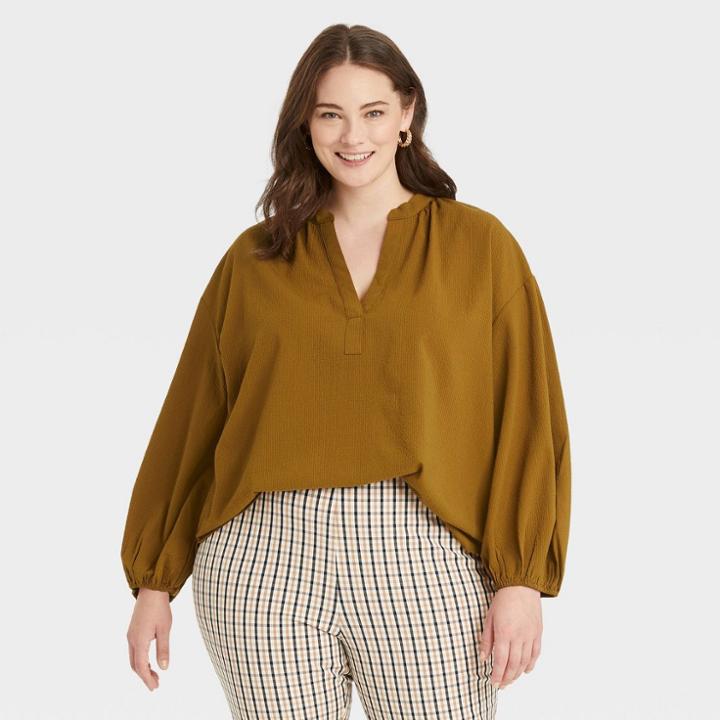 Women's Plus Size Balloon Long Sleeve Popover Blouse - A New Day Olive Green