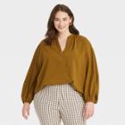 Women's Plus Size Balloon Long Sleeve Popover Blouse - A New Day Olive Green