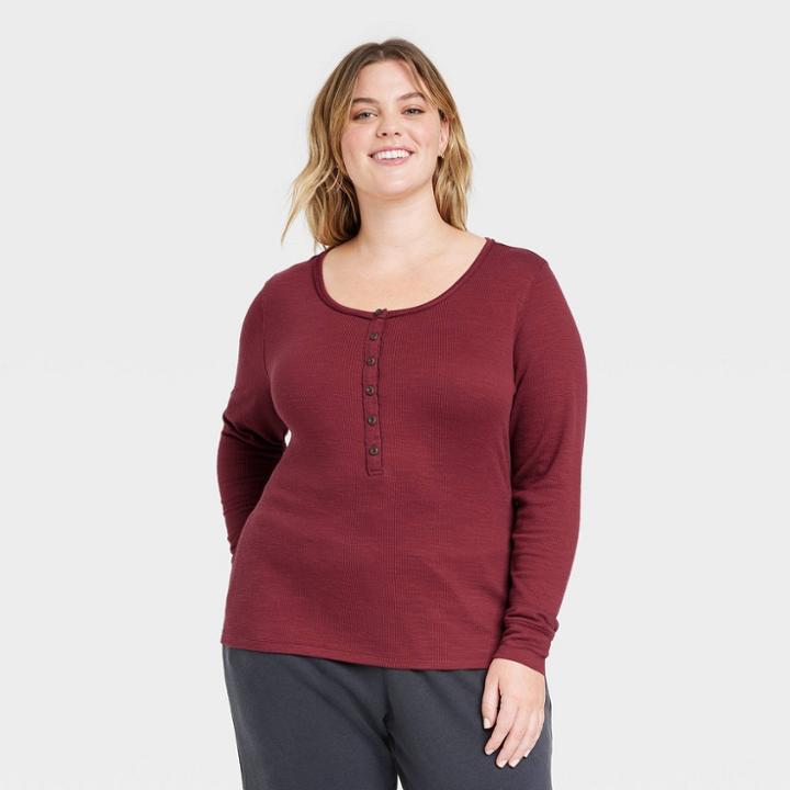 Women's Plus Size Long Sleeve Henley Neck Shirt - Universal Thread Burgundy