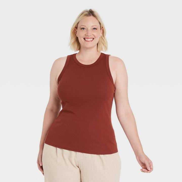 Women's Plus Size Slim Fit Rib Tank Top - A New Day Brown