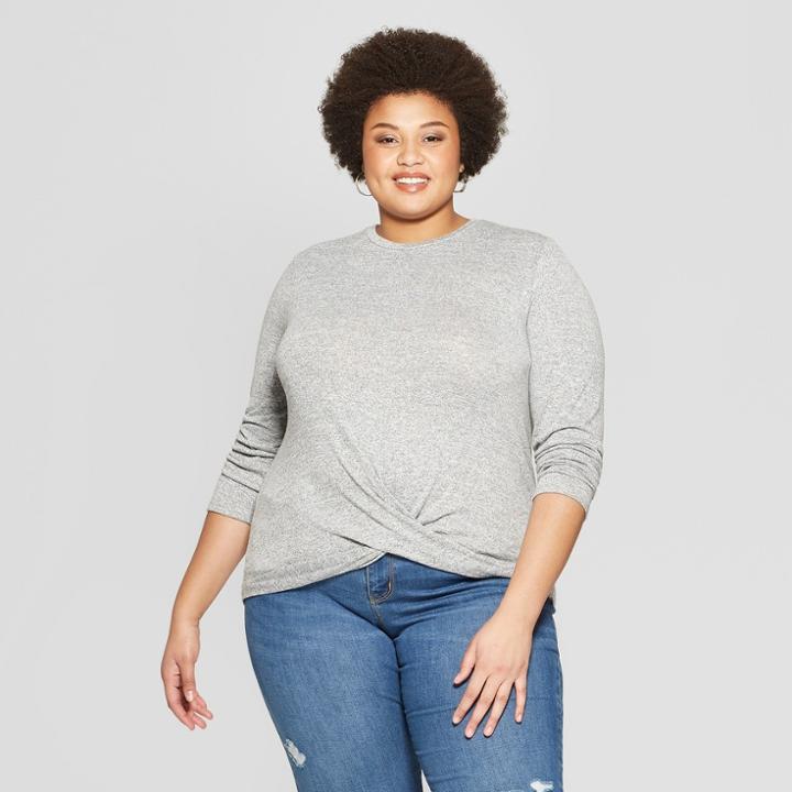 Women's Plus Size Long Sleeve Scoop Neck Twisted Knit Top - Ava & Viv Gray Heather