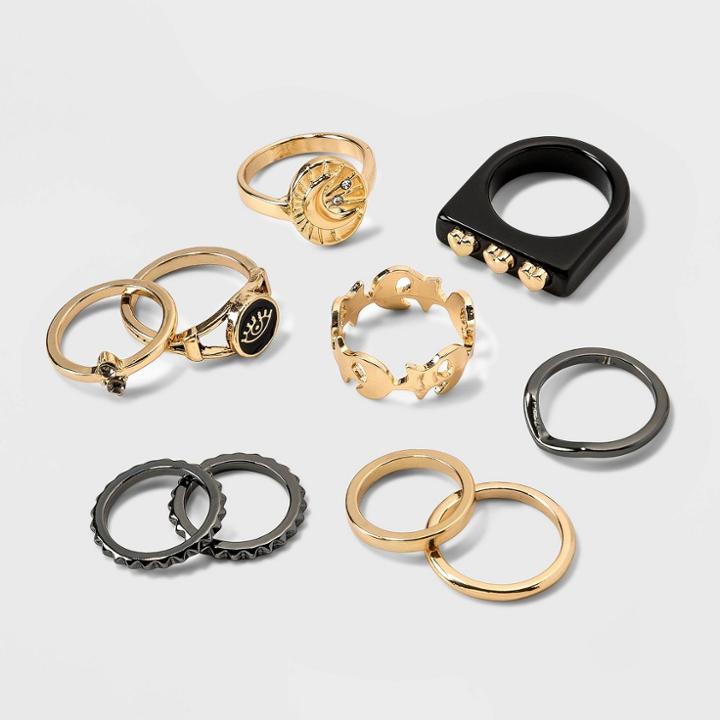 Mixed Metals Moon And Evil Eye Ring Set 10pc - Wild Fable , Black/grey/gold