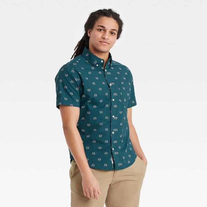 Men's Printed Standard Fit Stretch Poplin Short Sleeve Button-down Shirt - Goodfellow & Co Teal/shapes