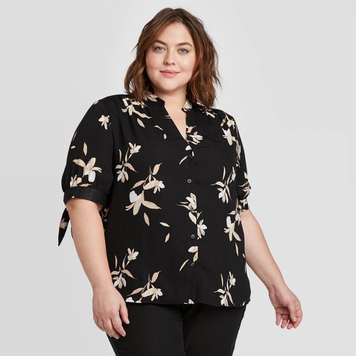 Women's Plus Size Floral Print Short Sleeve V-neck Button-front Tie Blouse - Ava & Viv Black X, Women's