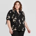 Women's Plus Size Floral Print Short Sleeve V-neck Button-front Tie Blouse - Ava & Viv Black X, Women's