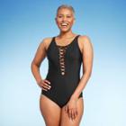 Women's Upf 50 Lace-up One Piece Swimsuit - Aqua Green Black
