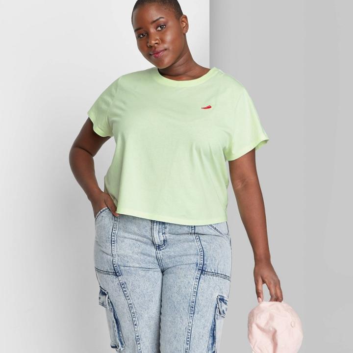 Women's Plus Size Short Sleeve Boxy Embroidery Baby T-shirt - Wild Fable Green