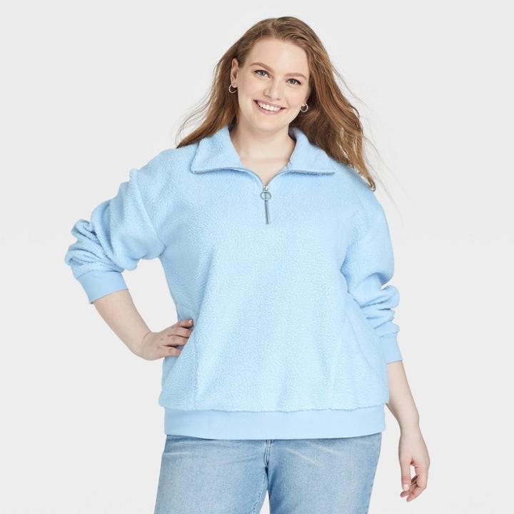 Women's Plus Size Sherpa Quarter Zip Pullover Sweatshirt - Ava & Viv Blue X