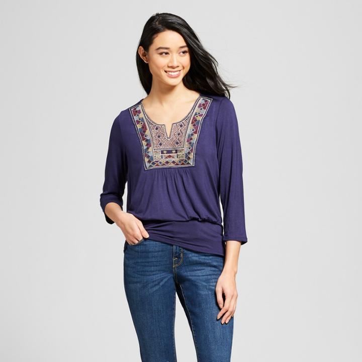 Women's Long Sleeve Embroidered Banded Bottom Top - Knox Rose Navy