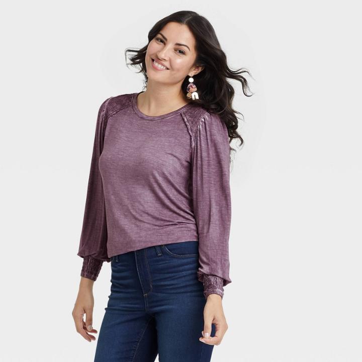 Women's Long Sleeve Lace Shoulder Top - Knox Rose Dark Purple